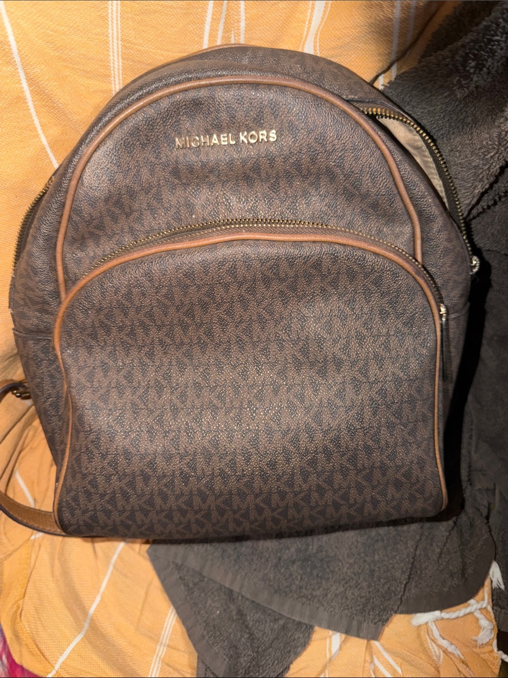 Michael Kors Brown MK Monogram Backpack with Gold Hardware